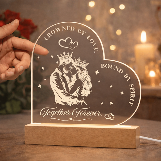 Crowned by Love, Bound by Spirit | Sacred Union Engraved LED Acrylic Heart Plaque